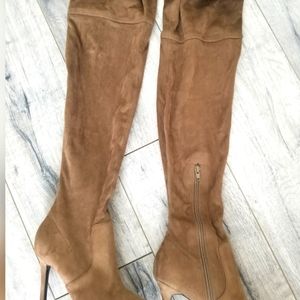 Over the knee high heels tan greenish faux suede